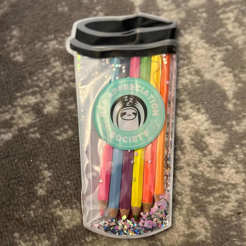 ASOS Pencil Case-Water Filled Coffee Theme Six Colored Pencils (NEW)